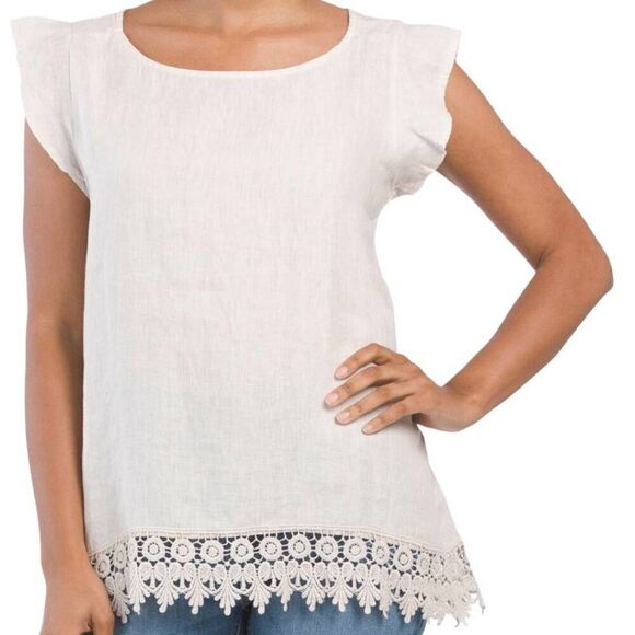 Terzo Millennio Women Top Boho Cap Sleeve Eyelet Trim Beige Size L Linen Italy - Picture 1 of 7